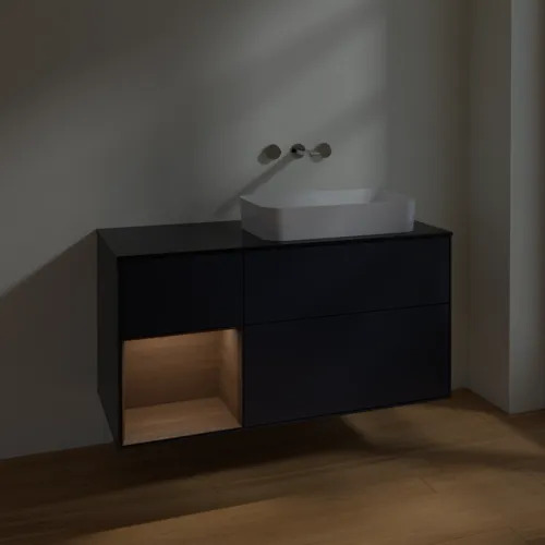 VILLEROY BOCH Toaletní skříňka Finion, s osvětlením, 3 výsuvy, 1200 x 603 x 501 mm, půlnočně modrý matný lak / ořechová dýha / černé matné sklo #F682GNHG, obrázek 4
