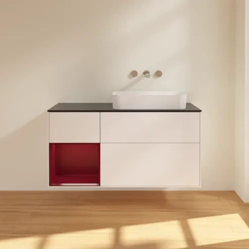 VILLEROY BOCH Toaletní skříňka Finion, s osvětlením, 3 výsuvy, 1200 x 603 x 501 mm, bílý matný lak / pivoňkový matný lak / černé matné sklo #F682HBMT, obrázek 2