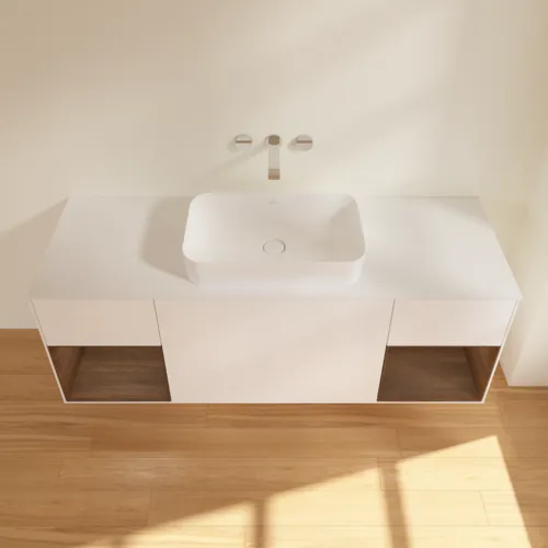 VILLEROY BOCH Toaletní skříňka Finion, s osvětlením, 4 výsuvy, 1600 x 603 x 501 mm, bílý matný lak / ořechová dýha / sklo bílé matné #F741GNMT, obrázek 4