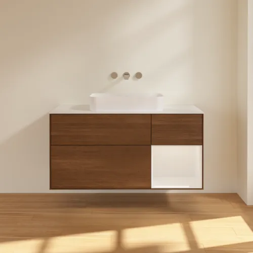 VILLEROY BOCH Toaletní skříňka Finion, s osvětlením, 3 výsuvy, 1200 x 603 x 501 mm, ořechová dýha / lesklý bílý lak / sklo bílé matné #F711GFGN, obrázek 2