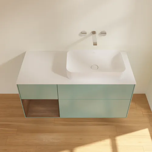 VILLEROY BOCH Toaletní skříňka Finion, s osvětlením, 3 výsuvy, 1200 x 603 x 501 mm, olivový matný lak / ořechová dýha / sklo bílé matné #F681GNGM, obrázek 3