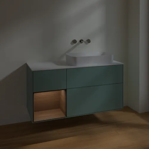 VILLEROY BOCH Toaletní skříňka Finion, s osvětlením, 3 výsuvy, 1200 x 603 x 501 mm, olivový matný lak / ořechová dýha / sklo bílé matné #F681GNGM, obrázek 4