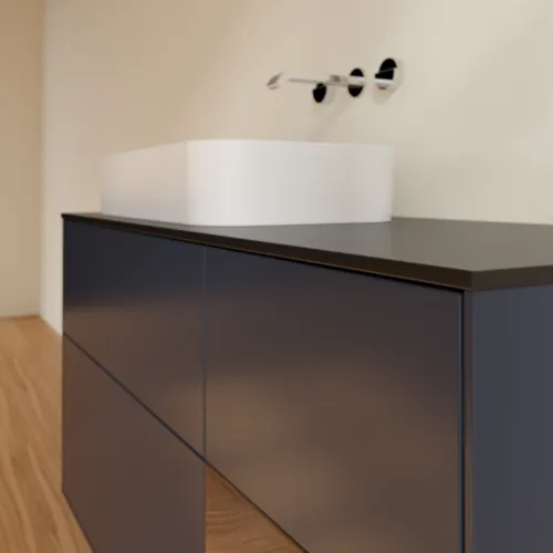 VILLEROY BOCH Toaletní skříňka Finion, s osvětlením, 3 výsuvy, 1200 x 603 x 501 mm, půlnočně modrý matný lak / ořechová dýha / černé matné sklo #F692GNHG, obrázek 4