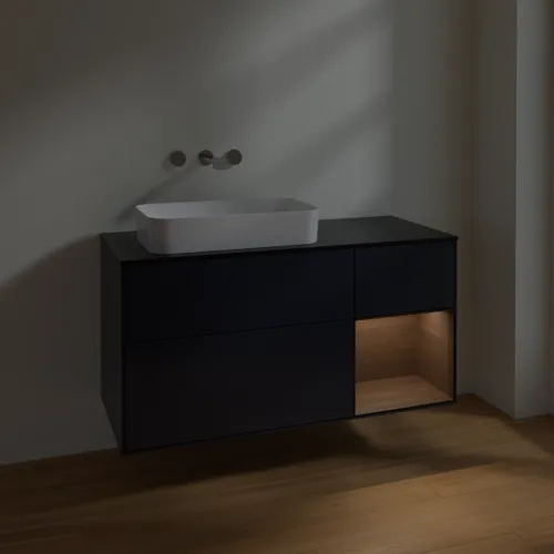 VILLEROY BOCH Toaletní skříňka Finion, s osvětlením, 3 výsuvy, 1200 x 603 x 501 mm, půlnočně modrý matný lak / ořechová dýha / černé matné sklo #F692GNHG, obrázek 3