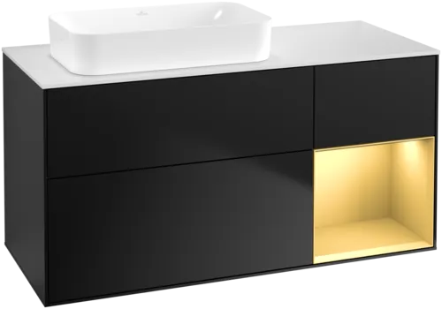 VILLEROY BOCH Toaletní skříňka Finion, s osvětlením, 3 výsuvy, 1200 x 603 x 501 mm, černý matný lak / zlatý matný lak / bílé matné sklo #F691HFPD