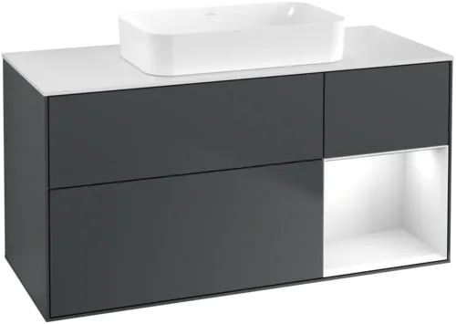 VILLEROY BOCH Toaletní skříňka Finion, s osvětlením, 3 výsuvy, 1200 x 603 x 501 mm, Midnight Blue Matt Lacquer / Glossy White Lacquer / Glass White Matt #F711GFHG