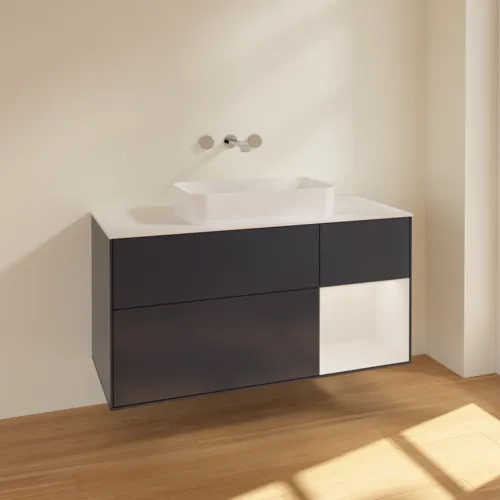 VILLEROY BOCH Toaletní skříňka Finion, s osvětlením, 3 výsuvy, 1200 x 603 x 501 mm, Midnight Blue Matt Lacquer / Glossy White Lacquer / Glass White Matt #F711GFHG, obrázek 2