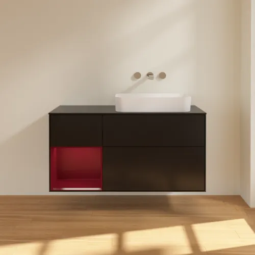 VILLEROY BOCH Toaletní skříňka Finion, s osvětlením, 3 výsuvy, 1200 x 603 x 501 mm, černý matný lak / pivoňkový matný lak / černé matné sklo #F682HBPD, obrázek 3