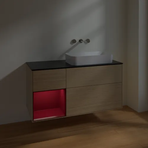 VILLEROY BOCH Toaletní skříňka Finion, s osvětlením, 3 výsuvy, 1200 x 603 x 501 mm, dubová dýha / matný lak Pivoňka / matné černé sklo #F682HBPC, obrázek 3
