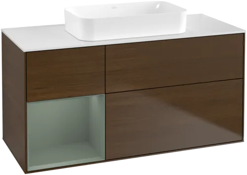 VILLEROY BOCH Toaletní stolek Finion, s osvětlením, 3 výsuvy, 1200 x 603 x 501 mm, ořechová dýha / olivový matný lak / sklo bílé matné #F701GMGN