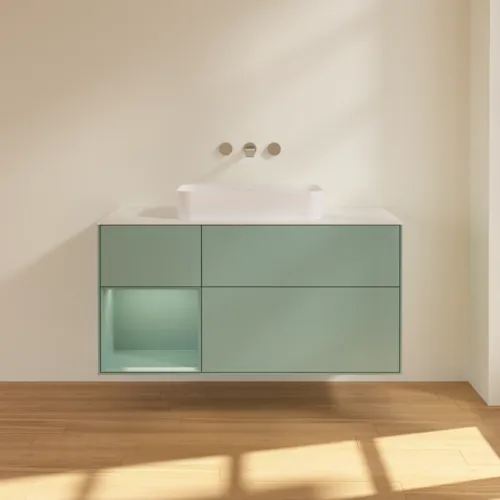 VILLEROY BOCH Toaletní skříňka Finion, s osvětlením, 3 výsuvy, 1200 x 603 x 501 mm, olivově matný lak / olivově matný lak / sklo bílé matné #F701GMGM, obrázek 3