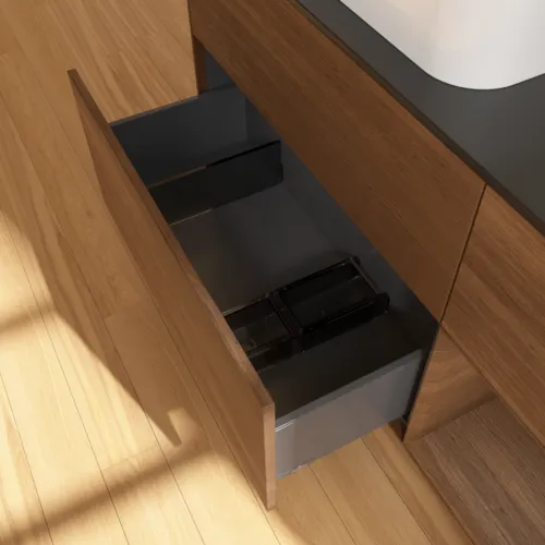 VILLEROY BOCH Toaletní skříňka Finion, s osvětlením, 3 výsuvy, 1200 x 603 x 501 mm, ořechová dýha / ořechová dýha / sklo černé matné #F692GNGN, obrázek 4