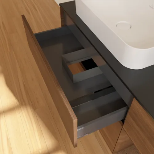 VILLEROY BOCH Toaletní skříňka Finion, s osvětlením, 3 výsuvy, 1200 x 603 x 501 mm, ořechová dýha / ořechová dýha / sklo černé matné #F692GNGN, obrázek 5