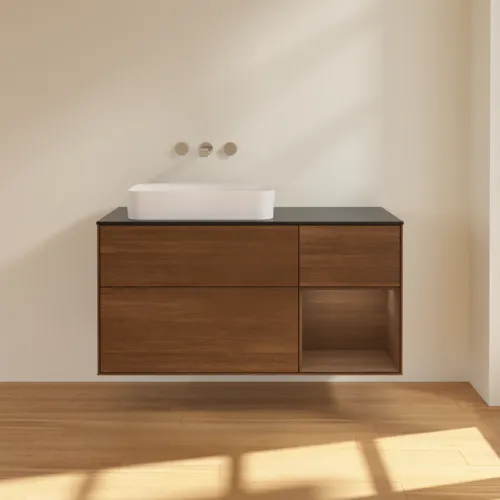 VILLEROY BOCH Toaletní skříňka Finion, s osvětlením, 3 výsuvy, 1200 x 603 x 501 mm, ořechová dýha / ořechová dýha / sklo černé matné #F692GNGN, obrázek 2