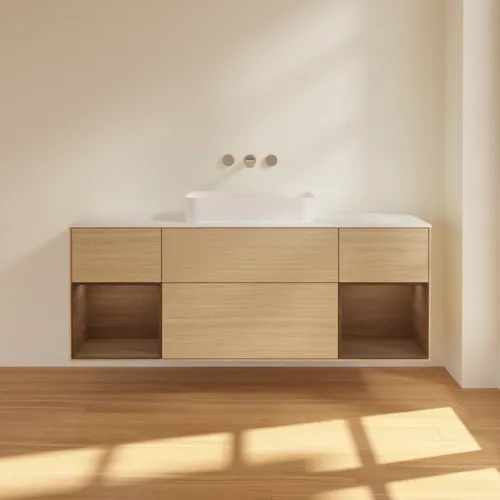 VILLEROY BOCH Toaletní skříňka Finion, s osvětlením, 4 výsuvy, 1600 x 603 x 501 mm, dubová dýha / ořechová dýha / sklo bílé matné #F741GNPC, obrázek 3