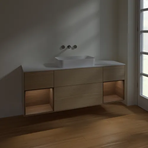 VILLEROY BOCH Toaletní skříňka Finion, s osvětlením, 4 výsuvy, 1600 x 603 x 501 mm, dubová dýha / ořechová dýha / sklo bílé matné #F741GNPC, obrázek 5