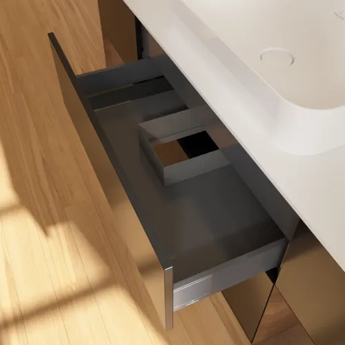 VILLEROY BOCH Toaletní skříňka Finion, s osvětlením, 4 výsuvy, 1600 x 603 x 501 mm, černý matný lak / ořechová dýha / sklo bílé matné #F741GNPD, obrázek 8