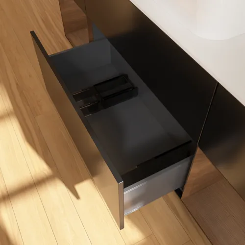 VILLEROY BOCH Toaletní skříňka Finion, s osvětlením, 4 výsuvy, 1600 x 603 x 501 mm, černý matný lak / ořechová dýha / sklo bílé matné #F741GNPD, obrázek 7