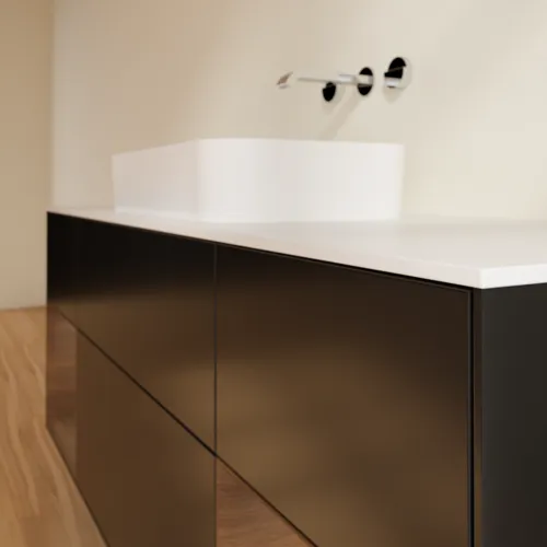 VILLEROY BOCH Toaletní skříňka Finion, s osvětlením, 4 výsuvy, 1600 x 603 x 501 mm, černý matný lak / ořechová dýha / sklo bílé matné #F741GNPD, obrázek 6