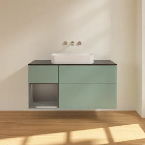 VILLEROY BOCH Toaletní skříňka Finion, s osvětlením, 3 výsuvy, 1200 x 603 x 501 mm, olivový matný lak / antracitový matný lak / černé matné sklo #F702GKGM, obrázek 2