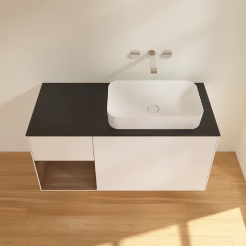 VILLEROY BOCH Toaletní skříňka Finion, s osvětlením, 3 výsuvy, 1200 x 603 x 501 mm, bílý matný lak / ořechová dýha / černé matné sklo #F682GNMT, obrázek 4