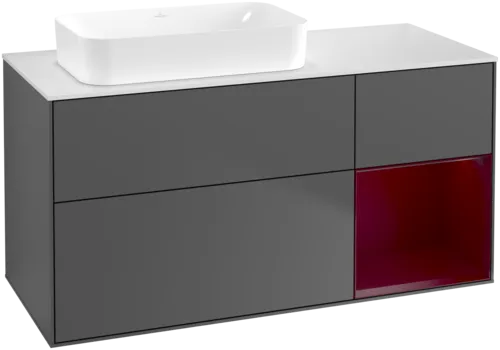 VILLEROY BOCH Toaletní skříňka Finion, s osvětlením, 3 výsuvy, 1200 x 603 x 501 mm, antracitový matný lak / pivoňkový matný lak / bílé matné sklo #F691HBGK