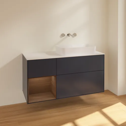 VILLEROY BOCH Toaletní skříňka Finion, s osvětlením, 3 výsuvy, 1200 x 603 x 501 mm, půlnočně modrý matný lak / ořechová dýha / bílé matné sklo #F681GNHG, obrázek 2