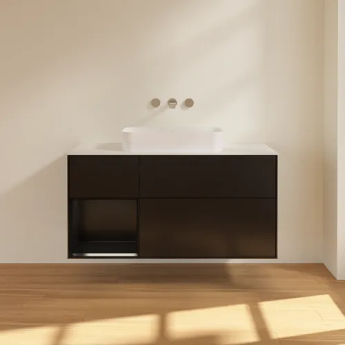 VILLEROY BOCH Toaletní skříňka Finion, s osvětlením, 3 výsuvy, 1200 x 603 x 501 mm, černý matný lak / černý matný lak / sklo bílé matné #F701PDPD, obrázek 2