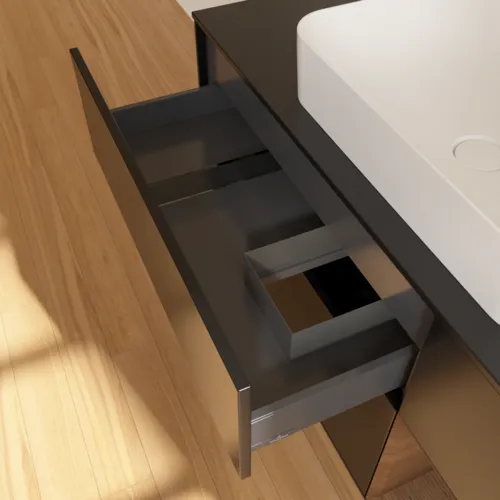 VILLEROY BOCH Toaletní skříňka Finion, s osvětlením, 3 výsuvy, 1200 x 603 x 501 mm, černý matný lak / ořechová dýha / černé matné sklo #F712GNPD, obrázek 4