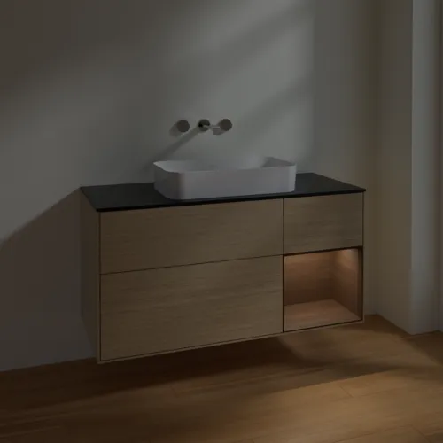 VILLEROY BOCH Toaletní stolek Finion, s osvětlením, 3 výsuvy, 1200 x 603 x 501 mm, dubová dýha / ořechová dýha / sklo černé matné #F712GNPC, obrázek 4