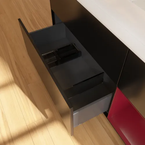 VILLEROY BOCH Toaletní skříňka Finion, s osvětlením, 3 výsuvy, 1200 x 603 x 501 mm, černý matný lak / pivoňkový matný lak / bílé matné sklo #F711HBPD, obrázek 5