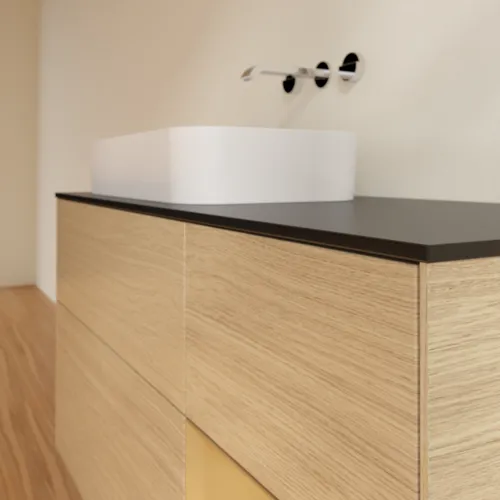 VILLEROY BOCH Toaletní skříňka Finion, s osvětlením, 3 výsuvy, 1200 x 603 x 501 mm, dubová dýha / zlatý matný lak / černé matné sklo #F692HFPC, obrázek 3