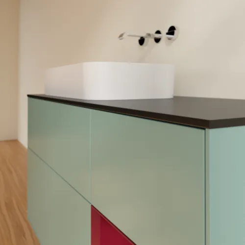 VILLEROY BOCH Toaletní skříňka Finion, s osvětlením, 3 výsuvy, 1200 x 603 x 501 mm, olivový matný lak / pivoňkový matný lak / černé matné sklo #F692HBGM, obrázek 4