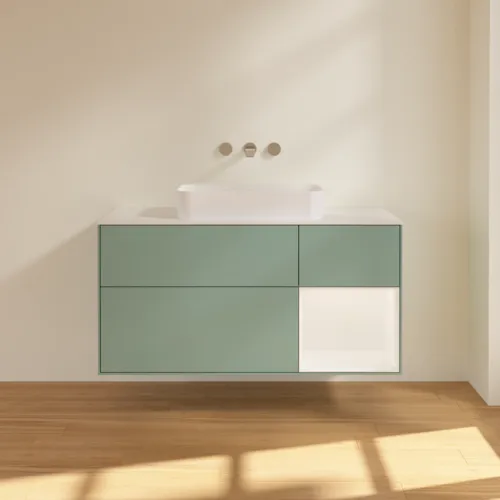 VILLEROY BOCH Toaletní skříňka Finion, s osvětlením, 3 výsuvy, 1200 x 603 x 501 mm, olivový matný lak / bílý matný lak / bílé matné sklo #F711MTGM, obrázek 3