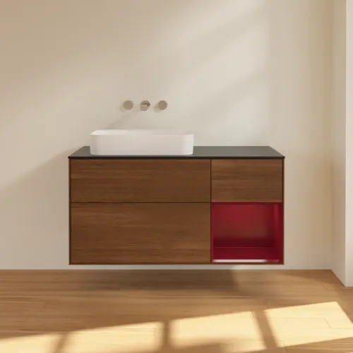 VILLEROY BOCH Toaletní skříňka Finion, s osvětlením, 3 výsuvy, 1200 x 603 x 501 mm, ořechová dýha / matný lak Pivoňka / černé matné sklo #F692HBGN, obrázek 2