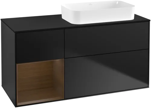 VILLEROY BOCH Toaletní skříňka Finion, s osvětlením, 3 výsuvy, 1200 x 603 x 501 mm, černý matný lak / ořechová dýha / černé matné sklo #F682GNPD