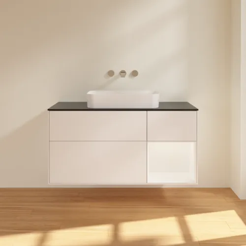 VILLEROY BOCH Toaletní skříňka Finion, s osvětlením, 3 výsuvy, 1200 x 603 x 501 mm, bílý matný lak / bílý matný lak / černé matné sklo #F712MTMT, obrázek 3