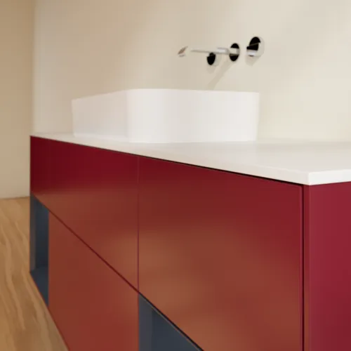 VILLEROY BOCH Toaletní skříňka Finion, s osvětlením, 4 výsuvy, 1600 x 603 x 501 mm, Pivoňka matný lak / Půlnoční modrá matný lak / Sklo bílé matné #F741HGHB, obrázek 6