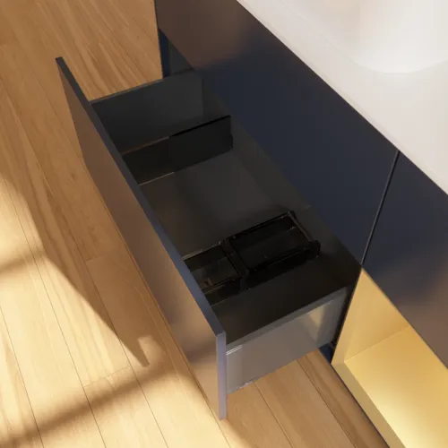 VILLEROY BOCH Toaletní skříňka Finion, s osvětlením, 3 výsuvy, 1200 x 603 x 501 mm, Midnight Blue Matt Lacquer / Gold Matt Lacquer / Glass White Matt #F691HFHG, obrázek 5