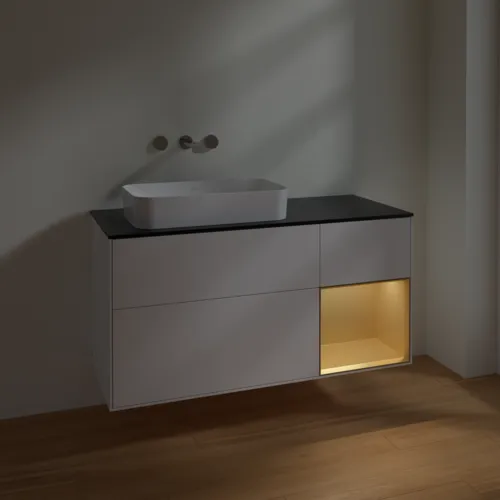 VILLEROY BOCH Toaletní skříňka Finion, s osvětlením, 3 výsuvy, 1200 x 603 x 501 mm, bílý matný lak / zlatý matný lak / černé matné sklo #F692HFMT, obrázek 3