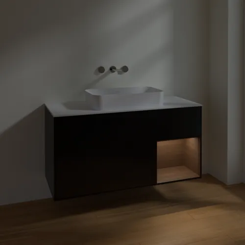 VILLEROY BOCH Toaletní skříňka Finion, s osvětlením, 3 výsuvy, 1200 x 603 x 501 mm, černý matný lak / ořechová dýha / bílé matné sklo #F711GNPD, obrázek 4