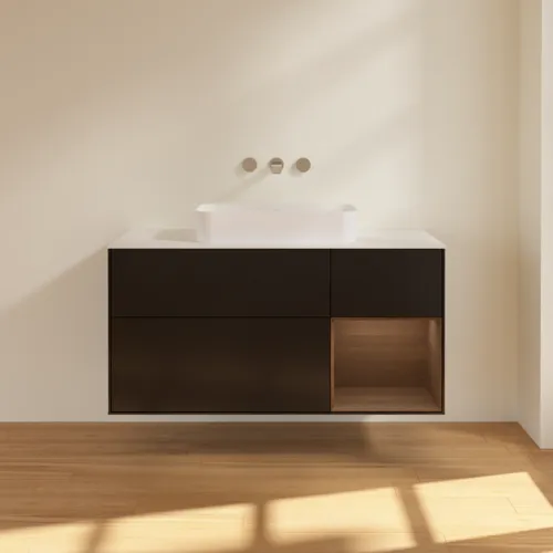 VILLEROY BOCH Toaletní skříňka Finion, s osvětlením, 3 výsuvy, 1200 x 603 x 501 mm, černý matný lak / ořechová dýha / bílé matné sklo #F711GNPD, obrázek 3