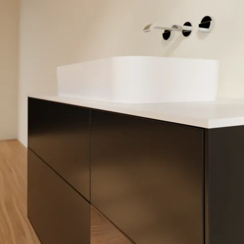 VILLEROY BOCH Toaletní skříňka Finion, s osvětlením, 3 výsuvy, 1200 x 603 x 501 mm, černý matný lak / ořechová dýha / bílé matné sklo #F711GNPD, obrázek 5