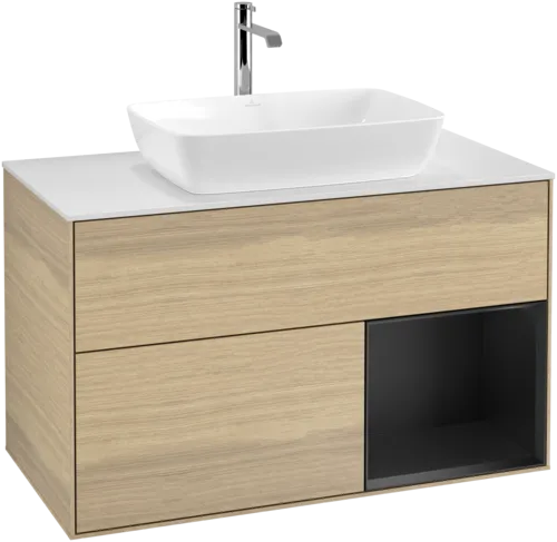 VILLEROY BOCH Toaletní skříňka Finion, s osvětlením, 2 výsuvy, 1000 x 603 x 501 mm, dubová dýha / černý matný lak / sklo bílé matné #F781PDPC, obrázek 1
