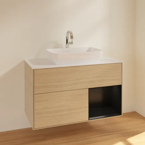 VILLEROY BOCH Toaletní skříňka Finion, s osvětlením, 2 výsuvy, 1000 x 603 x 501 mm, dubová dýha / černý matný lak / sklo bílé matné #F781PDPC, obrázek 2