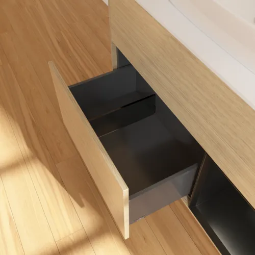VILLEROY BOCH Toaletní skříňka Finion, s osvětlením, 2 výsuvy, 1000 x 603 x 501 mm, dubová dýha / černý matný lak / sklo bílé matné #F781PDPC, obrázek 7
