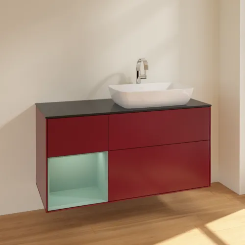 VILLEROY BOCH Toaletní skříňka Finion, s osvětlením, 3 výsuvy, 1200 x 603 x 501 mm, Pivoňka matný lak / Olivový matný lak / Sklo černé matné #F802GMHB, obrázek 2