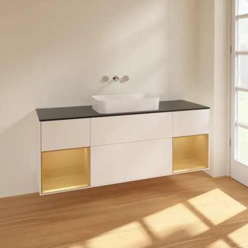 VILLEROY BOCH Toaletní skříňka Finion, s osvětlením, 4 výsuvy, 1600 x 603 x 501 mm, bílý matný lak / zlatý matný lak / černé matné sklo #F742HFMT, obrázek 2