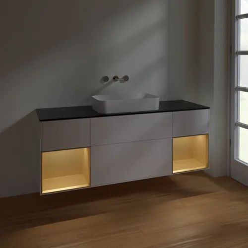 VILLEROY BOCH Toaletní skříňka Finion, s osvětlením, 4 výsuvy, 1600 x 603 x 501 mm, bílý matný lak / zlatý matný lak / černé matné sklo #F742HFMT, obrázek 5