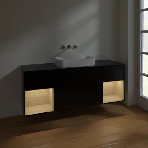 VILLEROY BOCH Toaletní skříňka Finion, s osvětlením, 4 výsuvy, 1600 x 603 x 501 mm, černý matný lak / dubová dýha / černé matné sklo #F742PCPD, obrázek 5